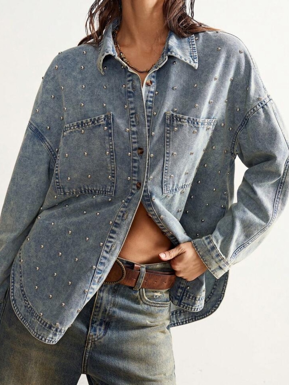 💿 PLUS Studded Denim Shirt 💿